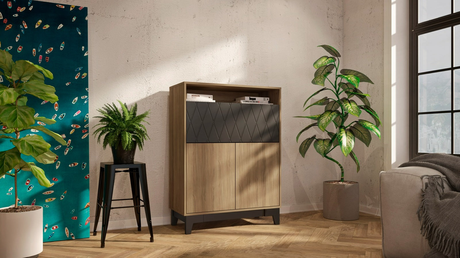 Nexera Boss Secretary Desk Nutmeg laminate casing & doors and matte black lacquer panel