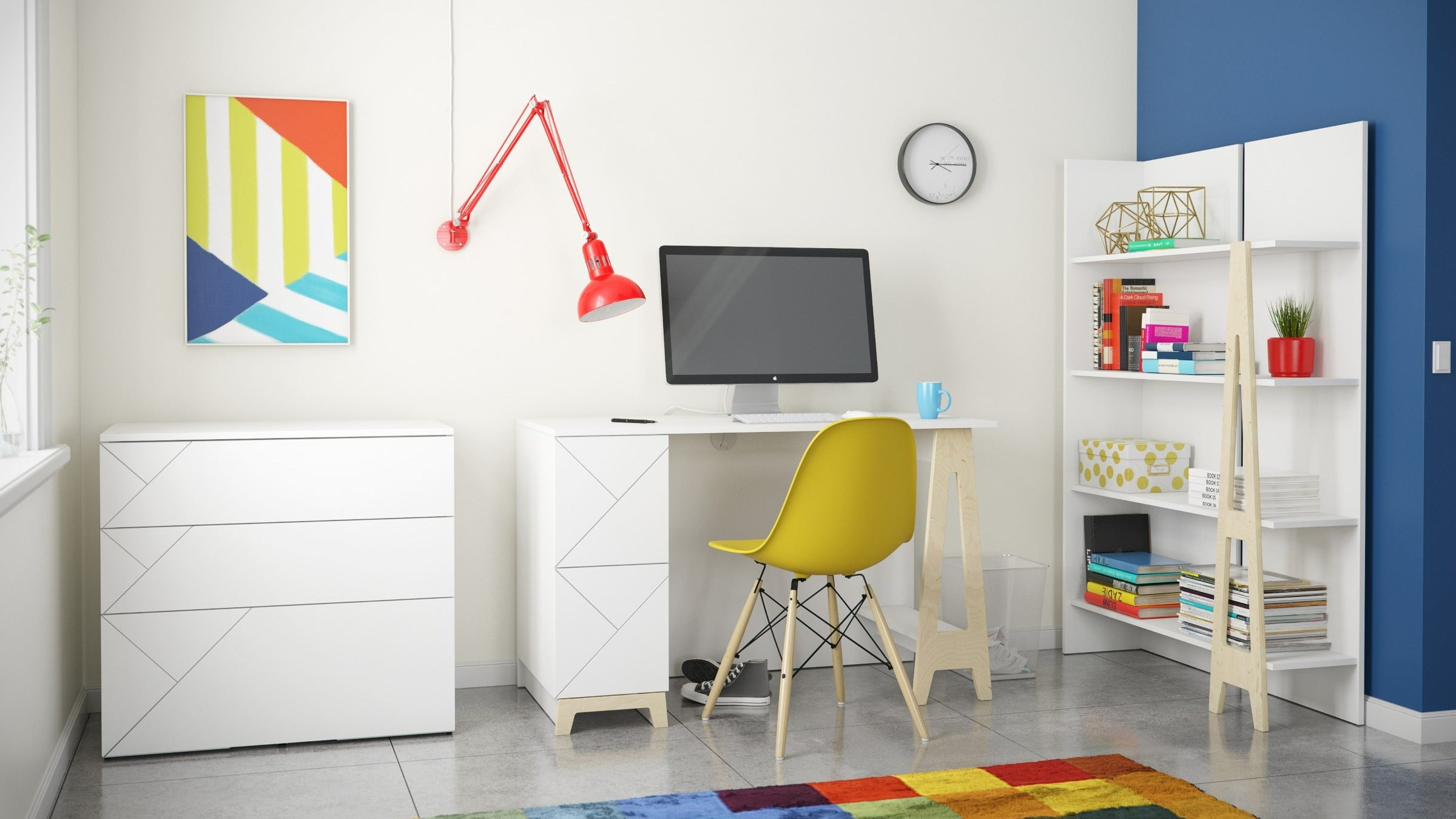 Nexera Nomad Desk + Bookcase + Cabinet White and Birch Plywood