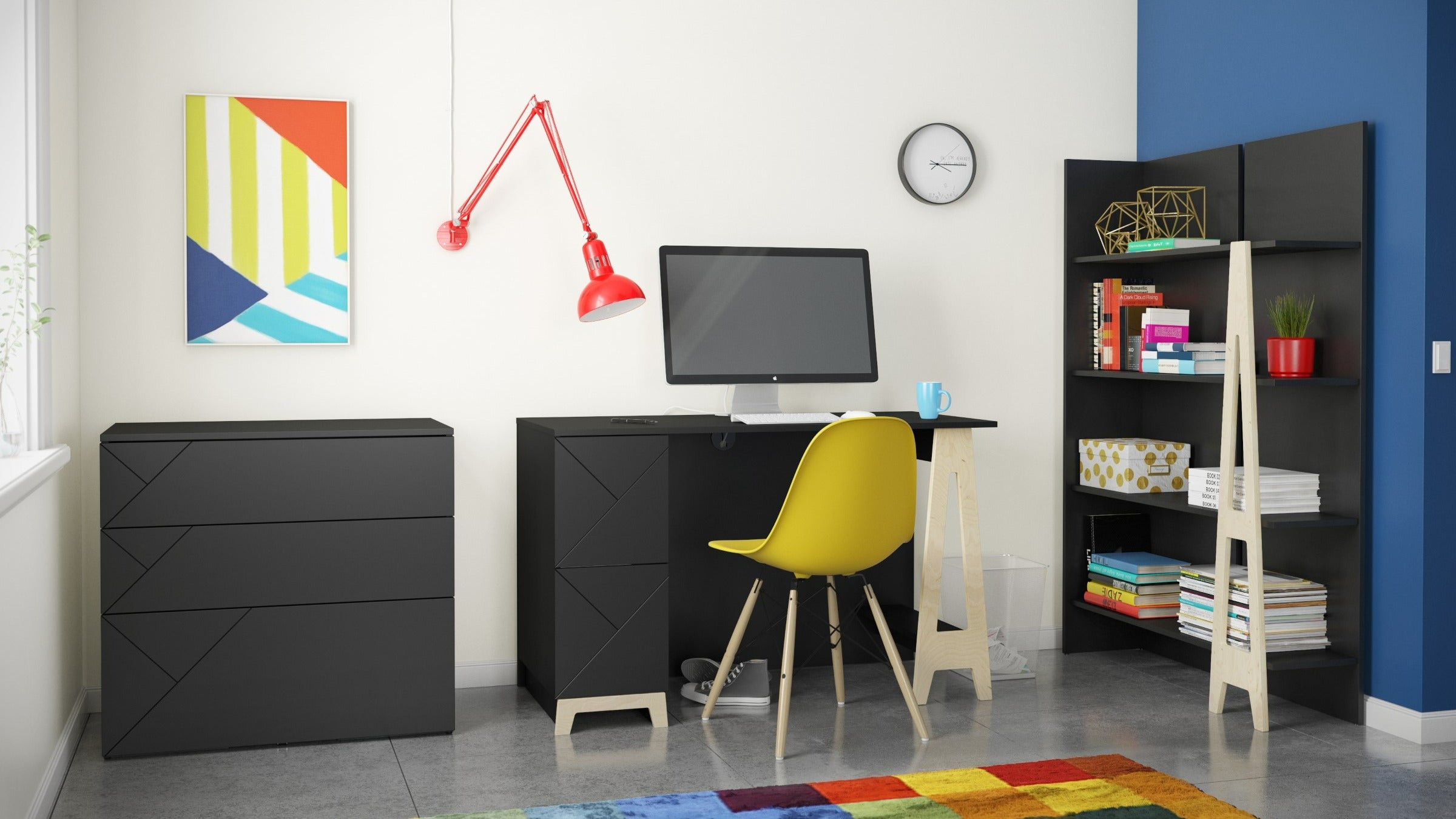 Nexera Nomad Desk + Bookcase + Cabinet Black and Birch Plywood