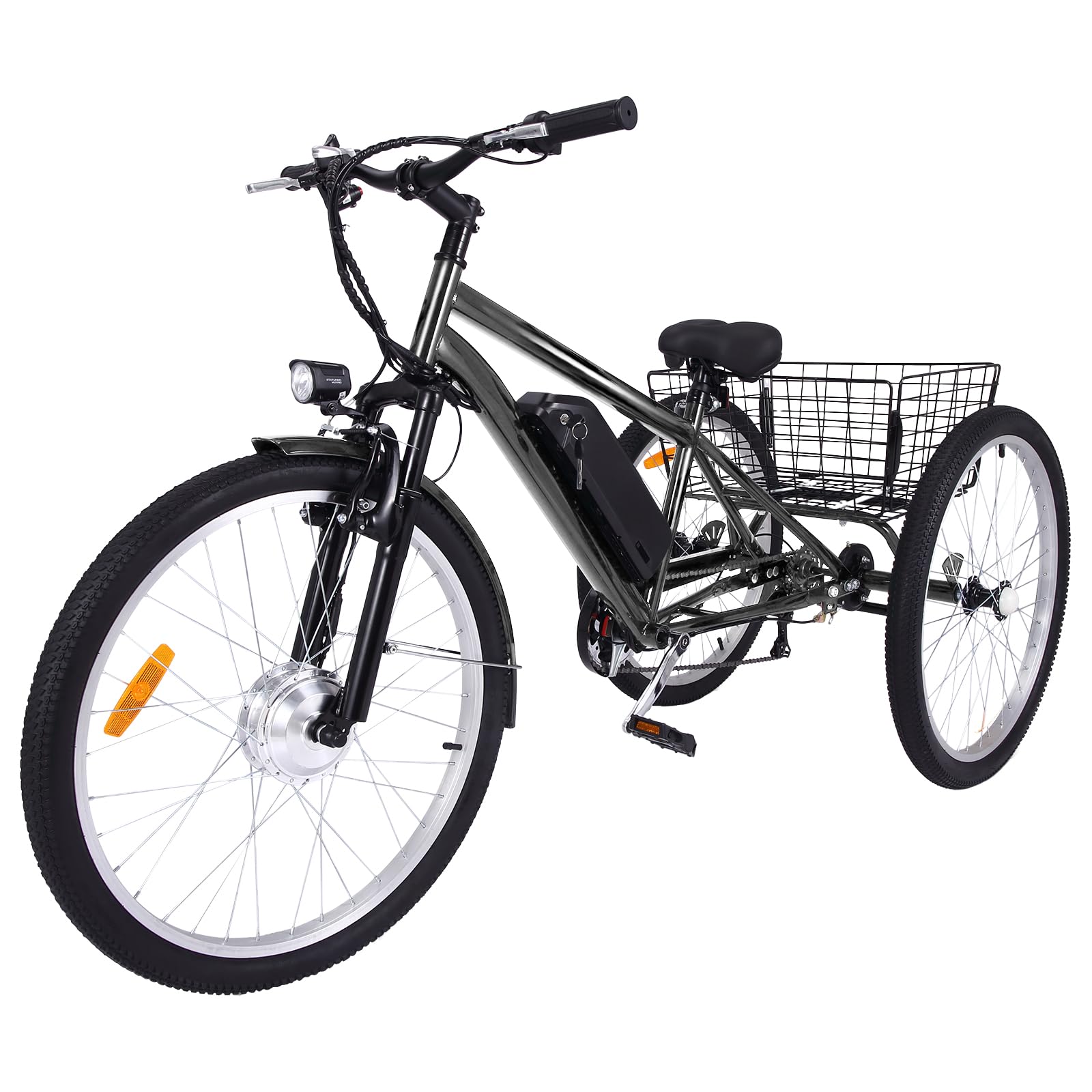 Garvee 26 Inch Adult 3 Wheel Electric Tricycle with Basket, Fat Tires,7 Speeds,350W Powerful Motor, 36V 10Ah Removable Battery - Dark Gray