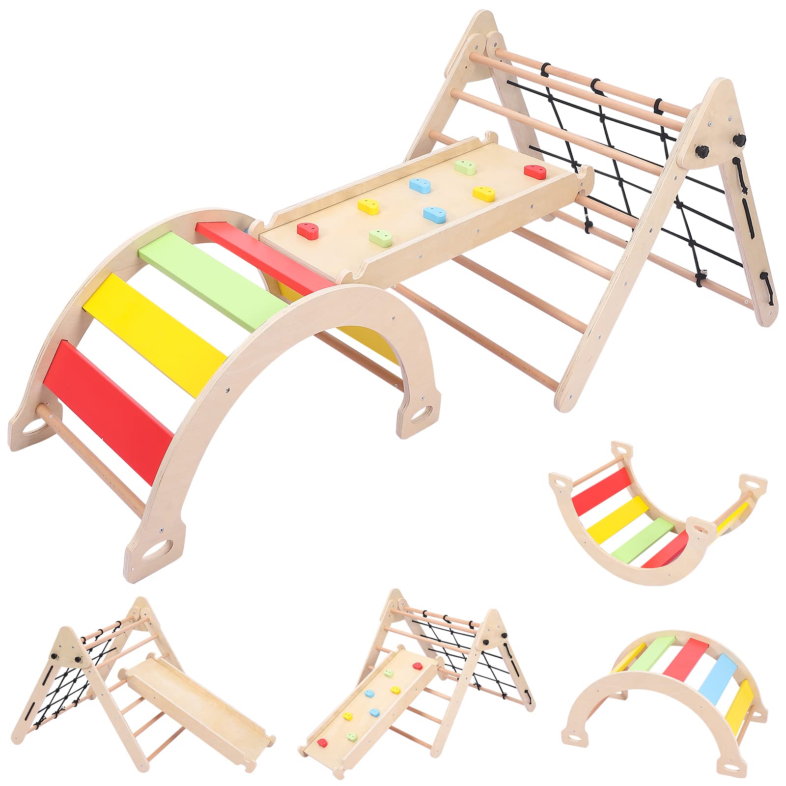 Garvee Toddler Indoor Gym Playset, 3 in 1 Wooden Climbing Toys, 3-Sided Wooden Triangle Climber with Climbing Net, Sliding Ramp & Board for Kids Boys 