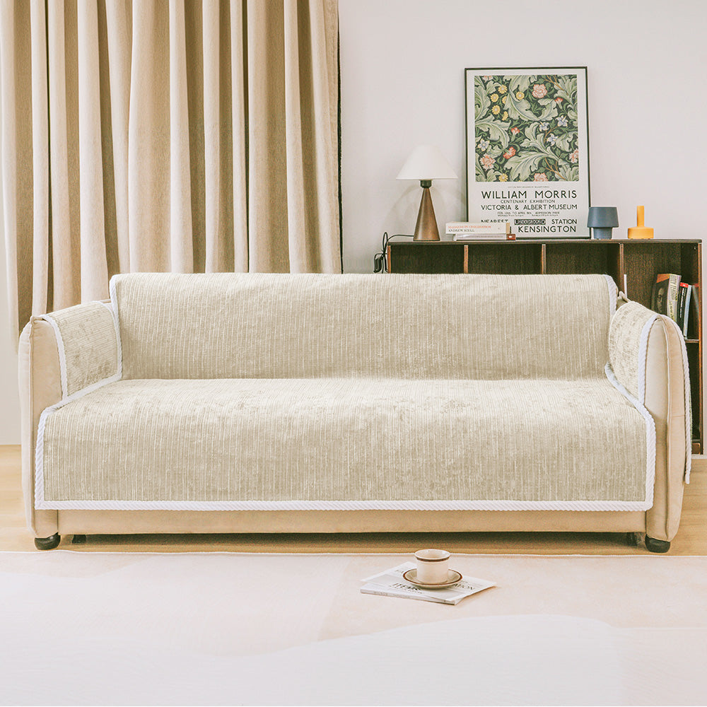 All-Season Anti-Slip Striped Pet Rug Furniture Protector with Armrest Couch Cover - Keep Still, Cream - 3-Seater XL
