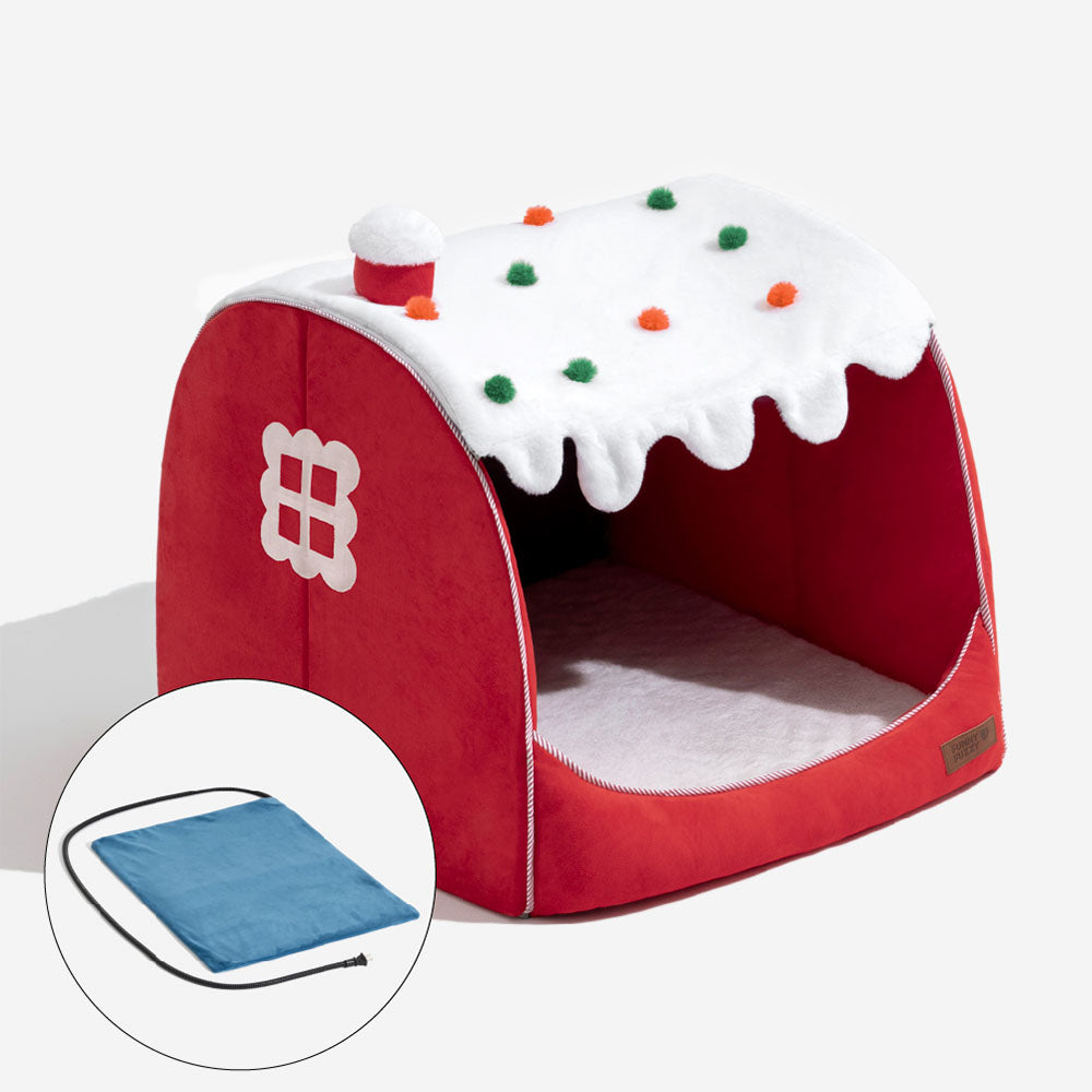 Festive Snow House Orthopedic Dog Bed - Christmas Warmth, Red+Heating Pad - L