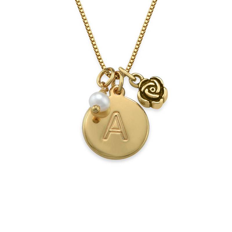 Initial Necklace with Pearl and Rose Charm in 18ct Gold Plating