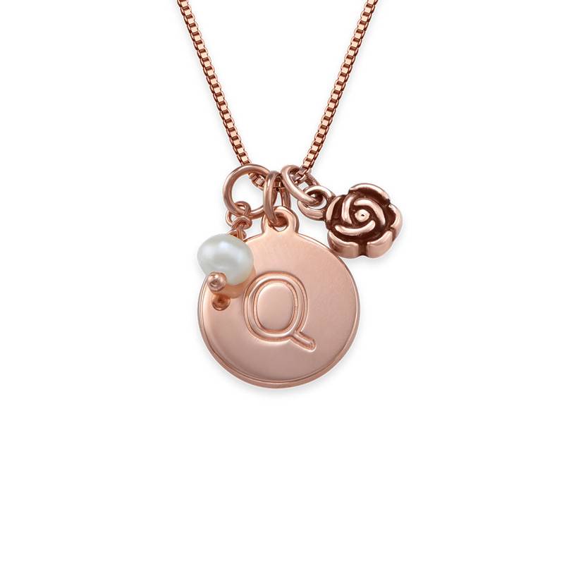 Initial Necklace with Pearl and Rose Charm in 18ct Rose Gold Plating