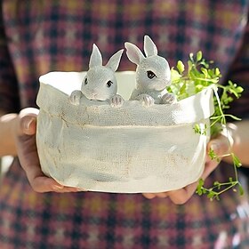 Cute Bunny Rabbit Planter Pots Animal Succulent Decor Garden Outdoor Statue Resin Balcony Patio Plant Flower Easter Decorations Ornaments Vase Desk Office Gift