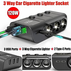 3 Way Car Cigarette Lighter Socket Splitter DC 12V-24V Power Charger Adapter with 3 USB Ports  1 Type-C Port  1 PD Fast Charge Port