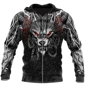 Men's Full Zip Hoodie Jacket Black Hooded Animal Wolf Graphic Prints Zipper Print Sports  Outdoor Daily Sports 3D Print Streetwear Designer Casual Spring   Fal