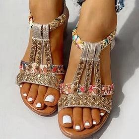 kvinders sandaler med stropper kile boho sommer funklende glitter elegant fest daglig strand afslappet sølv mørkebrun sort