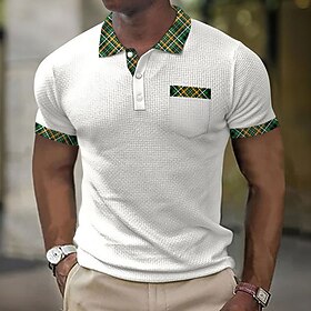 Men's Polo Shirt Button Up Polos Golf Shirt Plaid - Check Graphic Prints Turndown White Blue Dark Green Green Outdoor Street Short Sleeves Print Clothing Appar