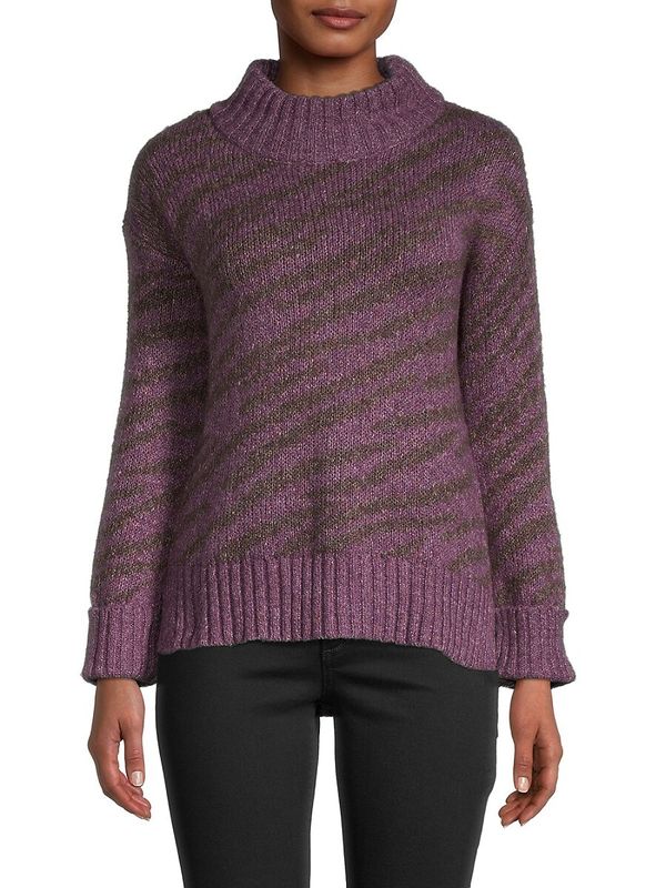 Women's Zebra-print Turtleneck Sweater - Eggplant - M