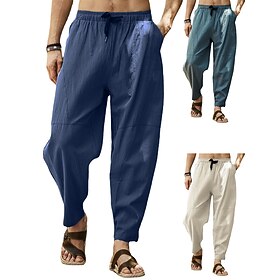 Homme Pantalon en lin Pantalons d'été Poche Cordon Plein Casual du quotidien Yoga Mélange de Coton basique Classique Noir Blanche
