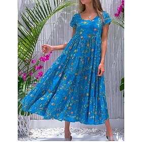 Women's Swing Dress Tiered Dress Floral Ditsy Floral Print Crew Neck Long Dress Maxi Dress Tropical Boho Home Holiday Short Sleeve Regular Fit Wine Blue Green
