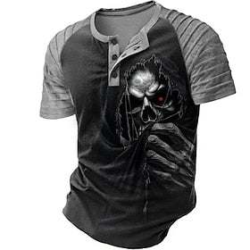 Escuro Retro Vintage Góticas Homens Impressão 3D Camiseta Festa Rua Camiseta Preto Cinzento Manga Curta Colar Henley Camisa Verão Primavera Roupa S M L XL XXL