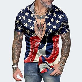 Bandeira Business casual Homens Camisa Social Feriado Verão Primavera Aberto para a Lateral Manga Curta Azul S, M, L Cetim Seda artificial Camisa