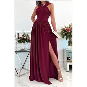 Women's Party Dress Wedding Guest Dress Long Dress Maxi Dress Wine Red Beige Sleeveless Pure Color Backless Spring Summer Halter Neck