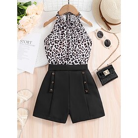 2 Peças Infantil Para Meninas Leopardo Crewneck Conjunto de camiseta e shorts Conjunto Sem Manga Moda Escola 7-13 anos Verão Preto