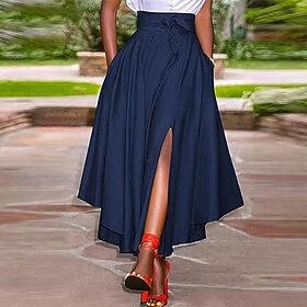 Women's Skirt Swing Maxi Skirts Pocket Split Ends Solid Colored Casual Daily Weekend Summer Polyester Basic Casual Black Wine Navy Blue Brown