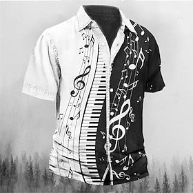 Men's Shirt Graphic Prints Geometry Music Notes Pano Keys Turndown Black Black - Brown Orange WhiteWhite Gray Outdoor Street Short Sleeves Print Clothing Appar