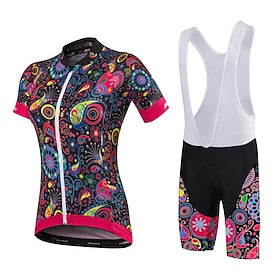 Malciklo Women's Short Sleeve Cycling Jersey with Bib Shorts Black OrangeWhite White Floral Botanical Plus Size Bike Clothing Suit Breathable 3D Pad Quick Dry