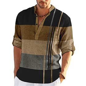 Men's Shirt Striped Graphic Prints Geometry Stand Collar Blue-Green Yellow Black - Purple Red Royal Blue Outdoor Street Long Sleeve Print Clothing Apparel Fash