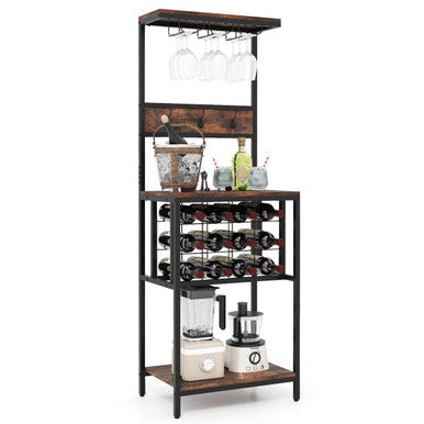 Freestanding Wine Rack with Wide Countertop and Glass Holders
