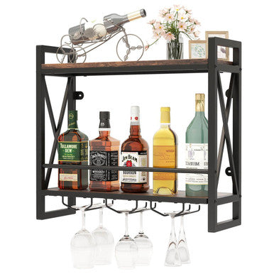 2-Tier Wall Mounted Wine Rack with 3 Glass Holders