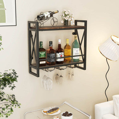 2-Tier Wall Mounted Wine Rack with 3 Glass Holders