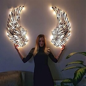 Ailes d'ange décoration murale avec lumières, métal 3d ailes d'ange sculpture murale art intérieur extérieur tenture murale pour maison chambre salon jardin bu