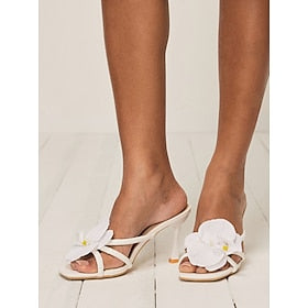 mulas florais femininas de salto alto - elegantes sandálias de verão com design de orquídea branca