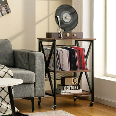 3-Tier Rolling Turntable Stand with Vinyl Record Storage