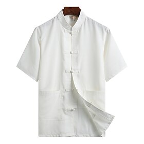 Homens Camisa Social camisa de linho Camisa casual Camisa de algodão Camisa Chinesa Branco Azul Marinha Bege Manga Curta Tecido Colarinho Mandarim Verão Rua Fe