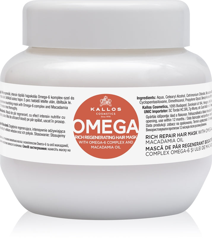 Kallos Mascarilla capilar regeneradora con complejo Omega-6 y aceite de macadamia (Mascara de cabello Omega) - Volumen: 275ml