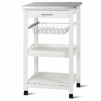 Kitchen Rolling Island Cart with Stainless Steel Tabletop & Basket