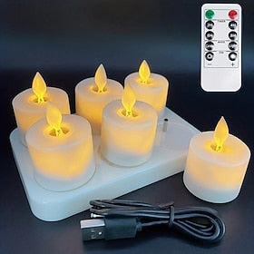 6Pcs Rechargeable LED Flameless Candles - Battery Operated, Flickering Moving Wick Votive Tea Lights for Pumpkin, Valentine's Day, Thanksgiving, and Wedding De