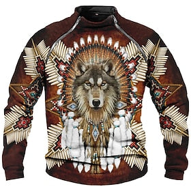 Mens Graphic Hoodie Native American Zip Sweatshirt Raglan Daily Ethnic Casual Animal Wolf Prints Sweatshirts Blue Brown Green Long Sleeve Designer Cotton