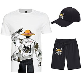 Three Piece Printed T-Shirt Shorts Baseball Caps Co-ord Sets One Piece Monkey D. Luffy Graphic Outfits  Matching For Men's Adults' Casual Daily Running Gym Spo