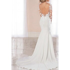 Engagement Open Back Formal Wedding Dresses Mermaid - Trumpet V Neck Long Sleeve Court Train Chiffon Bridal Gowns With Buttons Appliques 2024