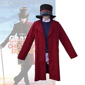 Charlie et la chocolaterie Wonka Willy Wonka Manteau Costume de Cosplay Chapeau Homme Cosplay de Film Cosplay Rouge Halloween Carnaval Mascarade Manteau Gilet