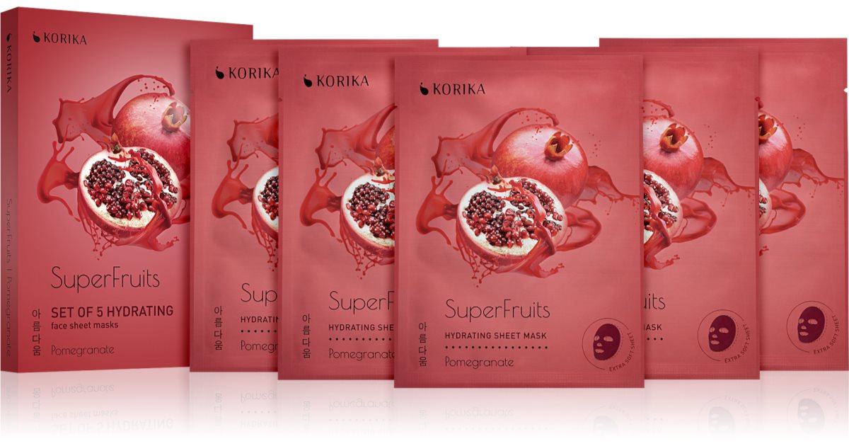 KORIKA SuperFruits Granatæble - Sæt med 5 fugtgivende sheet-masker til ansigtet med fugtgivende effekt 5× 25 g