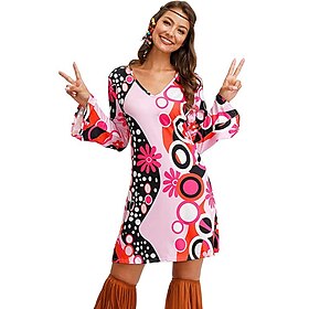 Rétro Vintage Années 70 Disque Robe Hippie Femme Imprimé Mascarade Soirée  Evénement Robe