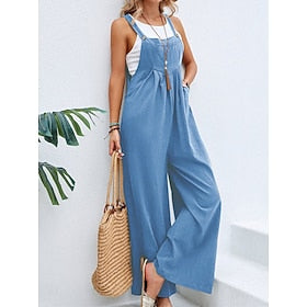 Women's Overall Button Pocket Solid Color Square Neck Streetwear Street Daily Regular Fit Sleeveless Black Pink Wine S M L Summer