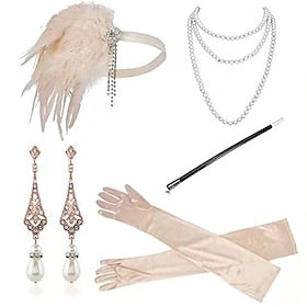 Rétro Vintage 1920s Gatsby le magnifique Bandeau Garçonne Ensemble d'accessoires Collier Boucles d'Oreille Charleston Femme Plume Mascarade Festival Gants