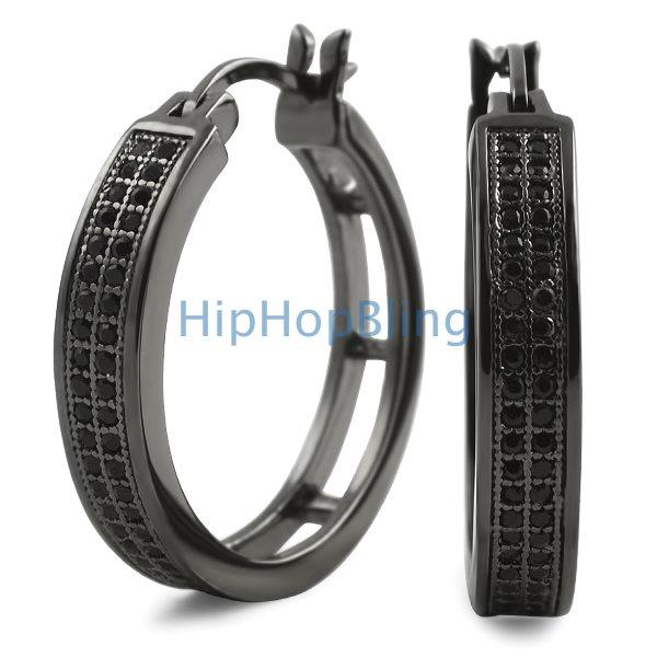 Ladies Hoops 25mm Black Double Row CZ Earrings