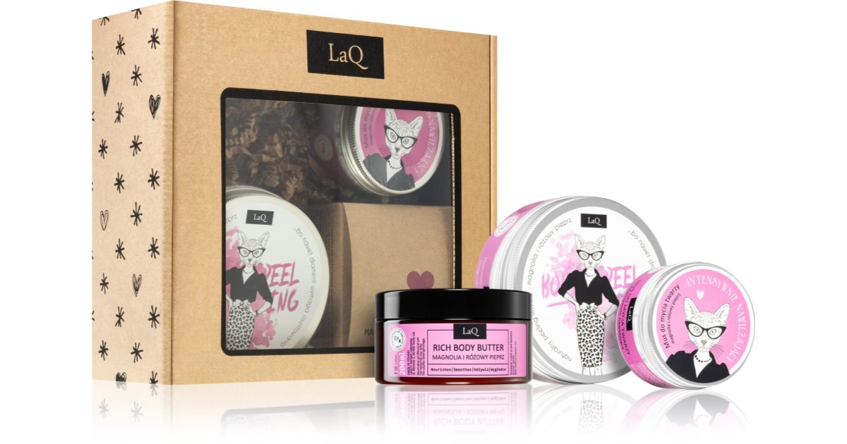 LaQ Coffret Cadeau Chaton Magnolia pour un Look Parfait Beurre Corporel Hydratant Intense 200 ml + Gommage Corporel au Sucre 200 ml + Mousse Nettoyant