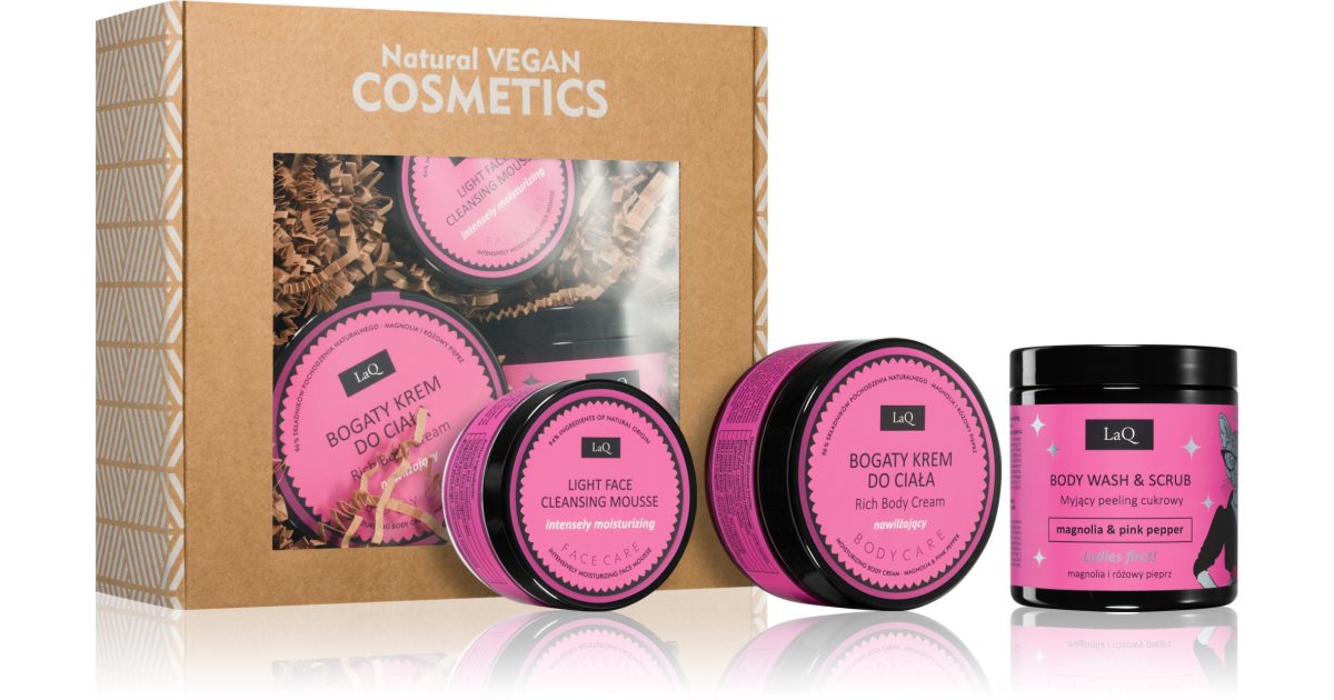 LaQ Coffret Cadeau Kitten Magnolia Gommage au Sucre Adoucissant 220g + Crème Corps Hydratante 200ml + Mousse Nettoyante en Profondeur 40g