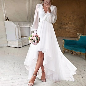 Bridal Shower Wedding Dresses Little White Dresses Simple A-Line V Neck Long Sleeve Asymmetrical Chiffon  Bridal Gowns With Solid Color Summer Wedding Party 20
