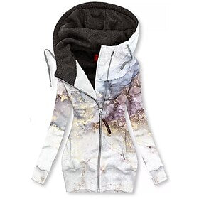 Dames Hoodie sweatshirt ritsen Bloemig Grafisch Kat Straat Casual Trekkoord Rits omhoog Voorvak Zwart Wit blauw Sport Basic Neon en helder Capuchon Lange mouw