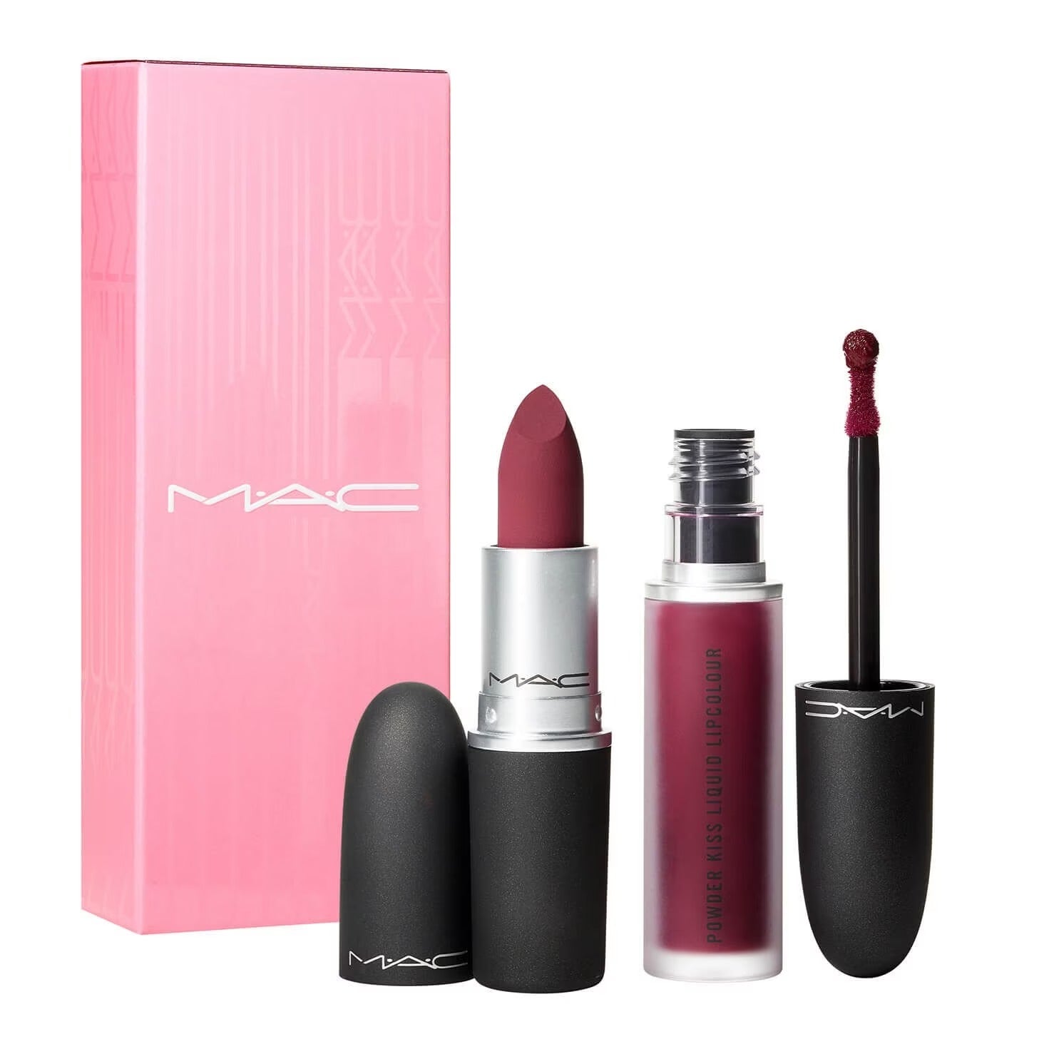 Set Like Mother MAC: Powder matte cream lipstick Kiss 1987300 Burning Love 3 g + Powder liquid lipstick Kiss 983 Burning Love 5ml