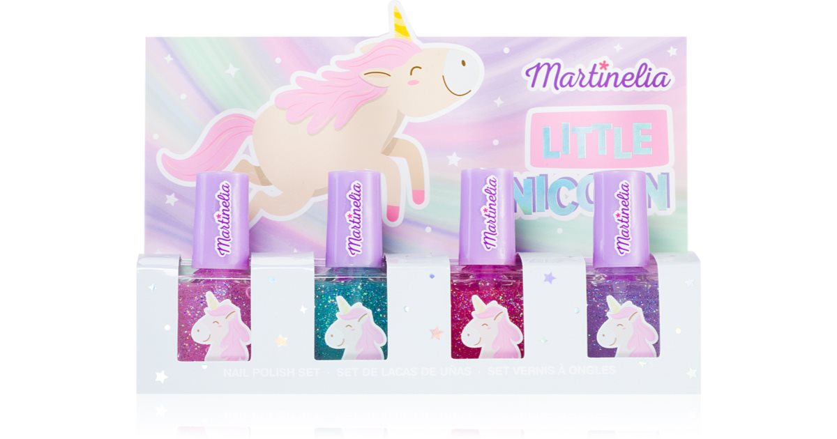 Martinelia Set de esmaltes de uñas infantiles Little Unicorn rosa, azul, morado y fucsia (4 piezas)